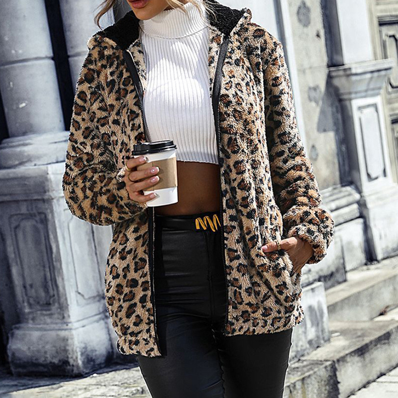 Women's Fuzzy Leopard Jacket, Hooded Plush Zip Up Coat For Fall Winter