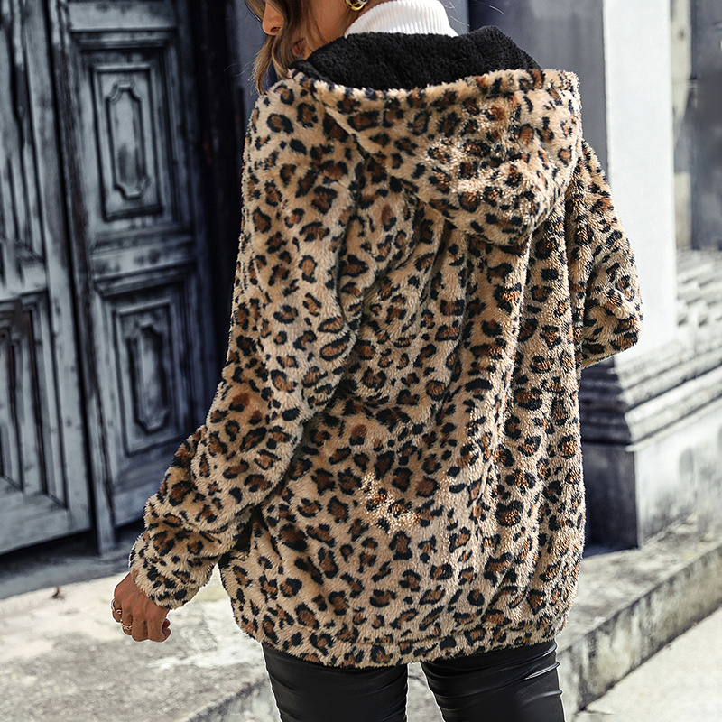 Women's Fuzzy Leopard Jacket, Hooded Plush Zip Up Coat For Fall Winter - Image 4