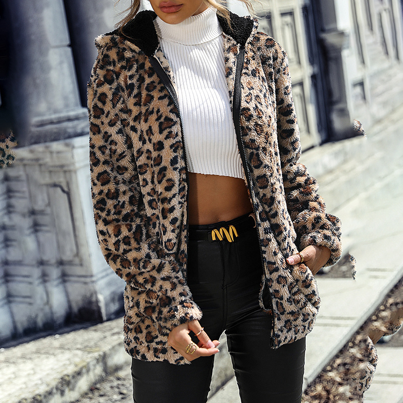 Women's Fuzzy Leopard Jacket, Hooded Plush Zip Up Coat For Fall Winter - Image 6